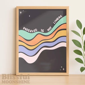 Impression Le progrès n&#39;est pas linéaire, affiche de motivation bureau à domicile, état d&#39;esprit de croissance, décoration rétro apaisante, art mural positif, enseigne de bureau de thérapie,