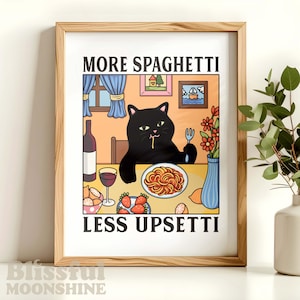 More Spaghetti Less Regretti Print, Retro Kitchen Cat Diner Poster, Bistro Dining Italian Pasta Feline Art, Cats and Food, Cat Lover Gift