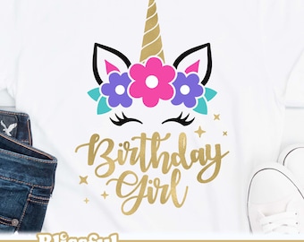 Unicornio cumpleaños niña SVG, diseño de archivo de corte de camiseta de unicornio DXF, impresión por sublimación PNG