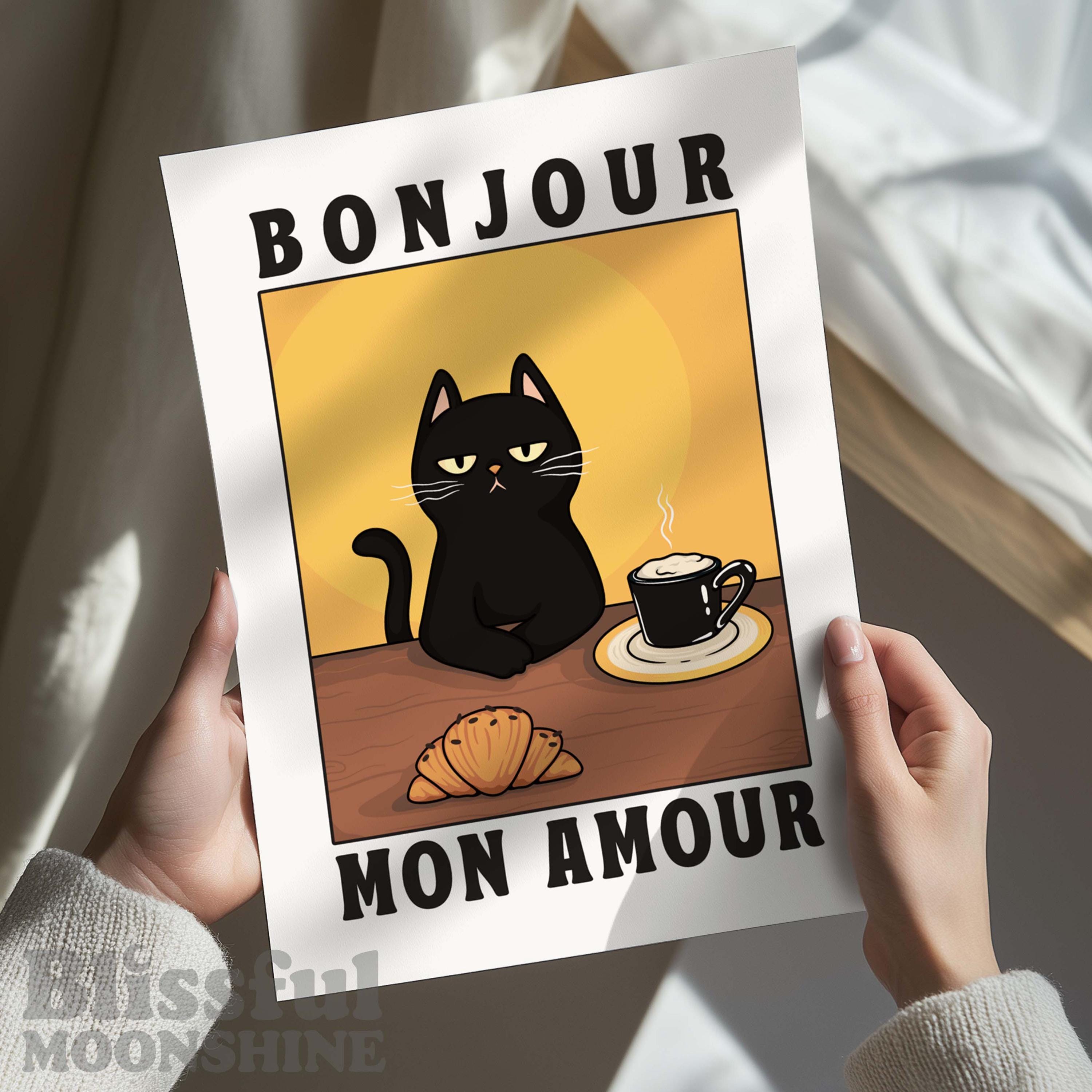 Affiche Humoristique Chat Noir Et Café 'Bonjour Mon Amour' - 2 Pièces 30x40 Cm, Sans Cadre - Décoration Murale