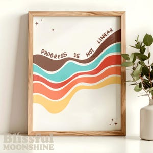Impression Le progrès n&#39;est pas linéaire, affiche de motivation bureau à domicile, état d&#39;esprit de croissance, décoration rétro apaisante, art mural positif, enseigne de bureau de thérapie,