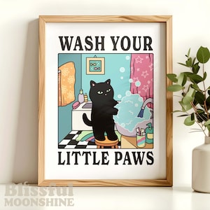 Wash your Paws Cat Print, Bathroom Cat Poster, Wash Room Cat Posters, Kawaii Cat Prints Decor, Cat Handwashing Sign, Retro Funny Cat Bath