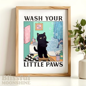 Wash Your Little Paws Print, Bathroom Cat Poster, Wash Room Cat Posters, Cat Handwashing Sign, Retro Funny Cat, Kawaii Cat Prints Bath Decor