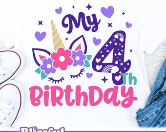 Unicornio para 4.º cumpleaños (SVG), diseño de camiseta de unicornio (DXF), impresión por sublimación (PNG)