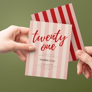 Invito alla festa di compleanno moderno a strisce rosa e rosse, modello di invito alla moda, biglietto modificabile stampabile con download istantaneo