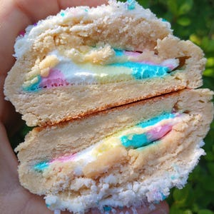 May include: A cut-open cookie revealing a colorful, layered filling. The cookie has a light brown exterior and a white, sugary frosting with sprinkles. The filling features layers of white, pink, yellow, and blue, creating a rainbow effect. The cookie is held against a blurred green background.