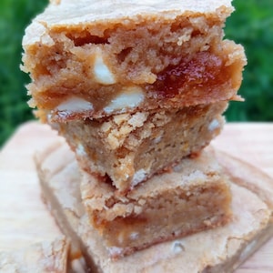 Gooey Browned Butter Blondies with Fruit Preserves & White Chocolate Chips Recipe.
