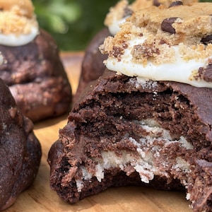 May include: A dark chocolate cookie with a bite taken out, revealing a light-colored interior. The top is decorated with a layer of white frosting, chocolate chips, and crumbled cookie pieces, with additional cookies visible in the background.