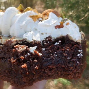 May include: A close-up of a brownie with white whipped cream topping, garnished with nuts and seeds. The brownie has a rich, dark chocolate color and a moist texture. The dessert is partially cut, revealing the interior.
