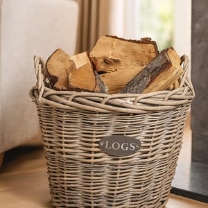 Cesta rústica de mimbre para leña con asas y forro – Cesta grande y robusta para guardar leña / Leñero ecológico para chimenea / ø50 cm x alto 50 cm