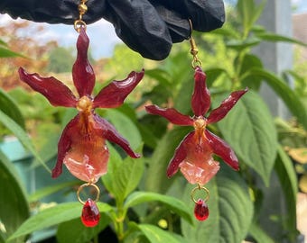 Red Orange Oncidium Orchid Earrings 18k Gold