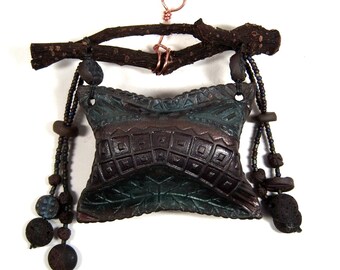 One of a Kind Hand Formed Chocolate Stoneware Pillow Rattle with Found Virginia Creeper Handle, Handmade Ceramic Beads, Copper Hanger