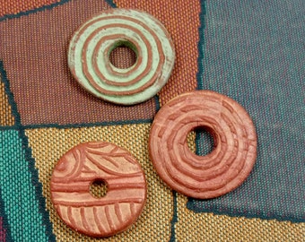 Three One of a Kind Handmade Reversible Round Ceramic Disc Beads, Red Earthenware Enhanced with Terra Sigillata, Jewelry Components