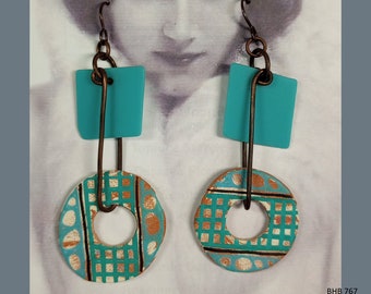 Artisan EARRINGS - Medium Hand Painted Reversible Stoneware Spirit Hole Discs on Copper Swings Under Wasser Glass Squares, Niobium Ear Wires