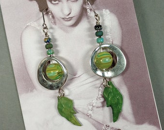 Handmade Earrings of Silvertone Bead Frames, Marbelized Green Glass Rounds, Fossilized Green Fish Scales, Stacked Trades & Niobium Earwires