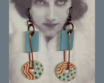 Artisan HANDMADE Earrings - Hand Painted Reversible Spirit Hole Ceramic Discs on Copper Swings, Aqua Art Glass Rectangles, Niobium Earwires