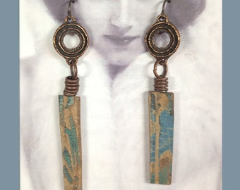 Transfer Printed Blue Stoneware Clay Slabs with Antiqued Copper Ring Spacers and Niobium Hypo-Allergenic Earwire Connection