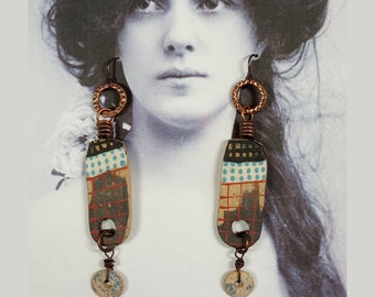 Ceramic Artist Created Earrings,  Mini-Stoneware Sculptures Suspended From Hammered Copper Rings on Niobium so you look good Coming & Going!