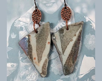 Karen Sacks Shard EARRINGS, One of a Kind, Gas Fired Stoneware Clay with Coppertone Accents, Niobium Hypo Allergenic Ear Wires