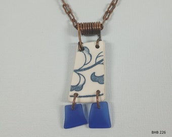 VINTAGE PLATE Shard Pendant Necklace, Blue & White, Artisan Handmade, Upcycled, Great for Aromatherapy