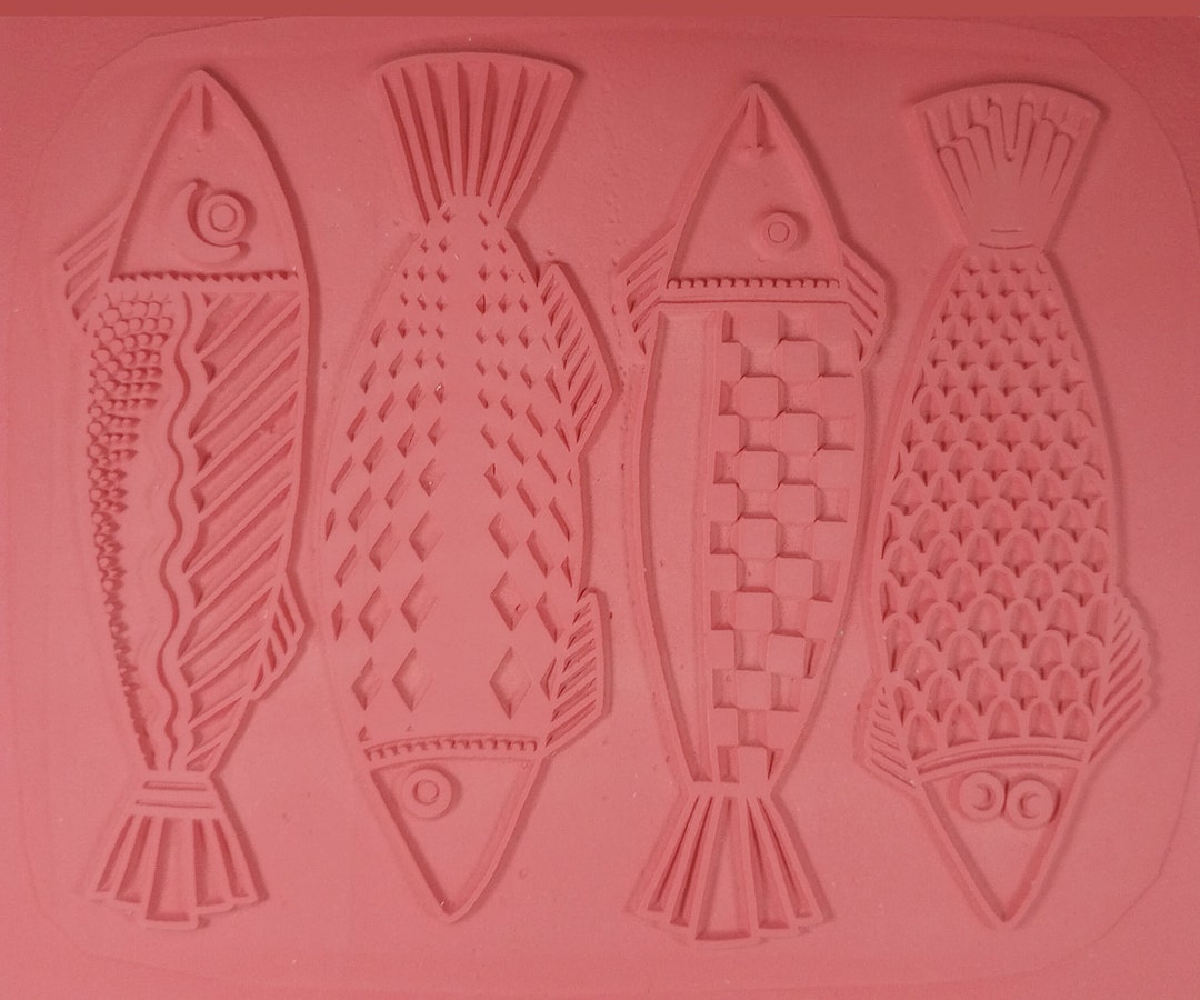 The FOUR FISHES Intaglio RUBBERSTAMP 7 X 9 Unmounted Rubber Stamping