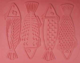 The FOUR FISHES Intaglio RUBBERSTAMP 7" X  9" Unmounted Rubber Stamping Sheet,Hand Drawn Image, Can Be Cut to Create Individual Fish Stamps