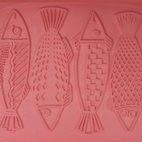 The FOUR FISHES Intaglio RUBBERSTAMP 7" X  9" Unmounted Rubber Stamping Sheet,Hand Drawn Image, Can Be Cut to Create Individual Fish Stamps