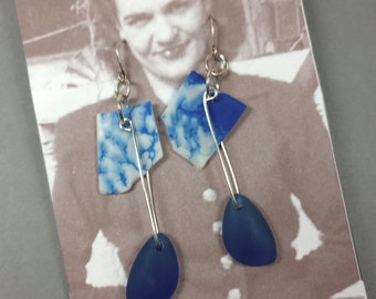 ARTISAN EARRINGS, One of a Kind Dangle Earrings of Vintage Blue and White Tumbled Plate Shards, Silver Plated Niobium Ear Wires and Accents