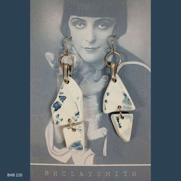 Handmade One of a Kind Dangle Earrings of Vintage Blue and White Tumbled Plate Shards, Silver Plated Niobium Ear Wires and Accents