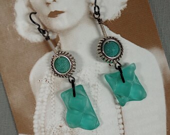 One of a Kind Dangle Earrings of Antiqued Silvertone Bead Frames, Turquoise Rounds, Quilted Turquoise Art Glass Hangies and Niobium Earwires