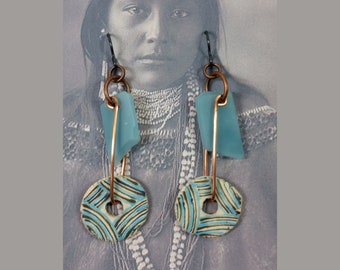 Artisan HANDMADE Earrings - Hand Painted Reversible Spirit Hole Ceramic Discs on Copper Swings, Aqua Art Glass Rectangles, Niobium Earwires