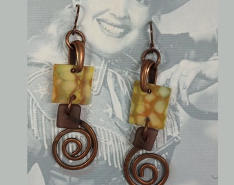 ARTISAN Earrings - Hand Cut Swirled Art Glass Dangles, Copper Accents, Stacked Bon Trade Beads and Hypo-Allergenic Niobium Ear Wires