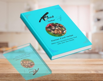 Puede incluir: Dos libros de cocina turquesa sobre una superficie de madera. La portada del libro superior presenta el texto "Food Hunter" y "Korean Food recipe" con una foto de platos coreanos. El texto dice "Haz tu comida coreana favorita con tus propias manos."