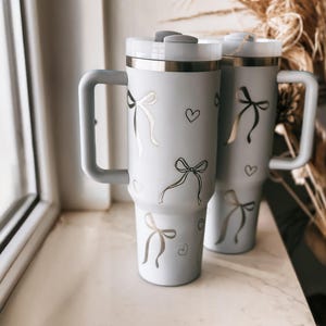 Engraved 40oz Tumbler with Handle and Lid Coquette Bow and Heart Wrap Aesthetic Gift for Her Custom Cup Cute and Trendy Stanley Dupe