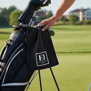 Puede incluir: Una bolsa de golf negra con palos de golf y una toalla negra con el texto "EI CORPORATE GIFTS" en un cuadrado blanco. La bolsa de golf está en un campo de golf verde.