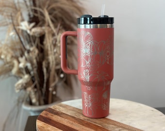 Fall engraved 40oz tumbler with handle and lid rustic orange pumpkin and floral wrap design stainless steel insulated autumn travel mug gift