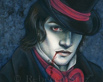 Thirst PRINT Victorian Vampire Male Blood Horror Portrait Pale Red Blue Top Hat Watercolor Gothic Fantasy Art Dark 3 SIZES