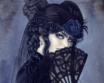 Enchanted Evening PRINT Vampire Victorian Gothic Blue Rose Fan Lace Navy Black Watercolor Portrait dark 4 SIZES