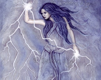 Lightning PRINT Fantasy Art Goddess Storms Lightning Power Watercolor 4 SIZES