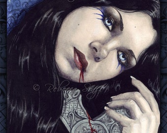 Eternal Sin PRINT Vampire Gothic Cross Blood dark sexy Blue Portrait watercolor 4 SIZES