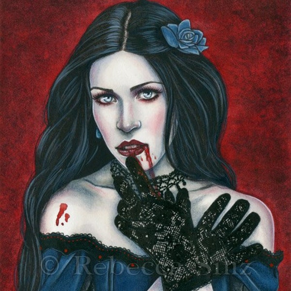 Sanguine PRINT Victorian Vampire Blood Horror Portrait Pale Red Blue Corset Woman Watercolor Gothic Fantasy Art Dark 3 SIZES