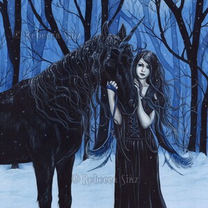 Midnight Travelers PRINT Gothic Fairy Unicorn Winter Black Blue Snow Fantasy Art Watercolor 4 SIZES 8.5 x 11 inches