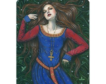 Enchantment ACEO print Medieval Lady Spell Sleeping Beauty Cross Gold Fairy Tale Fantasy Art  Artist Trading Cards ATC Fanasy Art Portrait