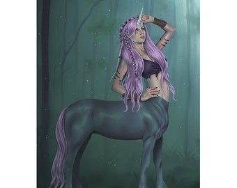 Lady Of The Forest ACEO Print Unicorn Centaur Magic Forest Fantasy Art Digital Forest Dreamy Colors Purple Teal Artist Trading Cards ATC