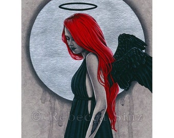 Black Halo ACEO Print Artist Trading Cards ATC Gothic Fantasy Art Angel Red Black Silver Portrait Wings Dark Red Hair Woman