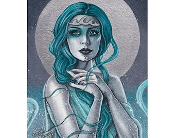 Sea Elf ACEO Print Artist Carte collezionabili ATC Gothic Fantasy Art Fae Ocean Teal Moon Argento Turchese Fairy Portrait Acquerello