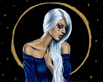 Eclipse PRINT Fantasy Art Celestial Stars Gold White Hair Woman Feminine Blue Dress Sexy Sensual 4 SIZES