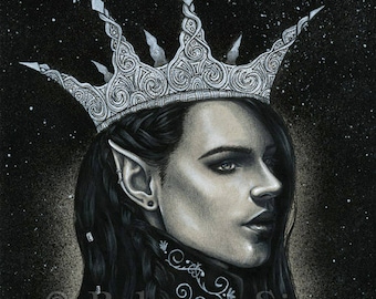 The Night King PRINT Gothic Fantasy Art Elf King Black Silver Dark Crown Portrait Handsome Elf Ears Mixed Media 3 SIZES