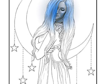 Coloring Page PRINTABLE Gothic Crescent Moon Stars Celestial Goddess Fantasy Art Adult Coloring Instant Digital Download Line Art Printable