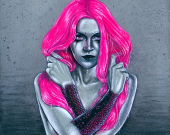 Luminescence PRINT Gothic Mermaid Neon Hot Pink Hair Pale Fantasy Art Dark Bright Portrait 4 SIZES